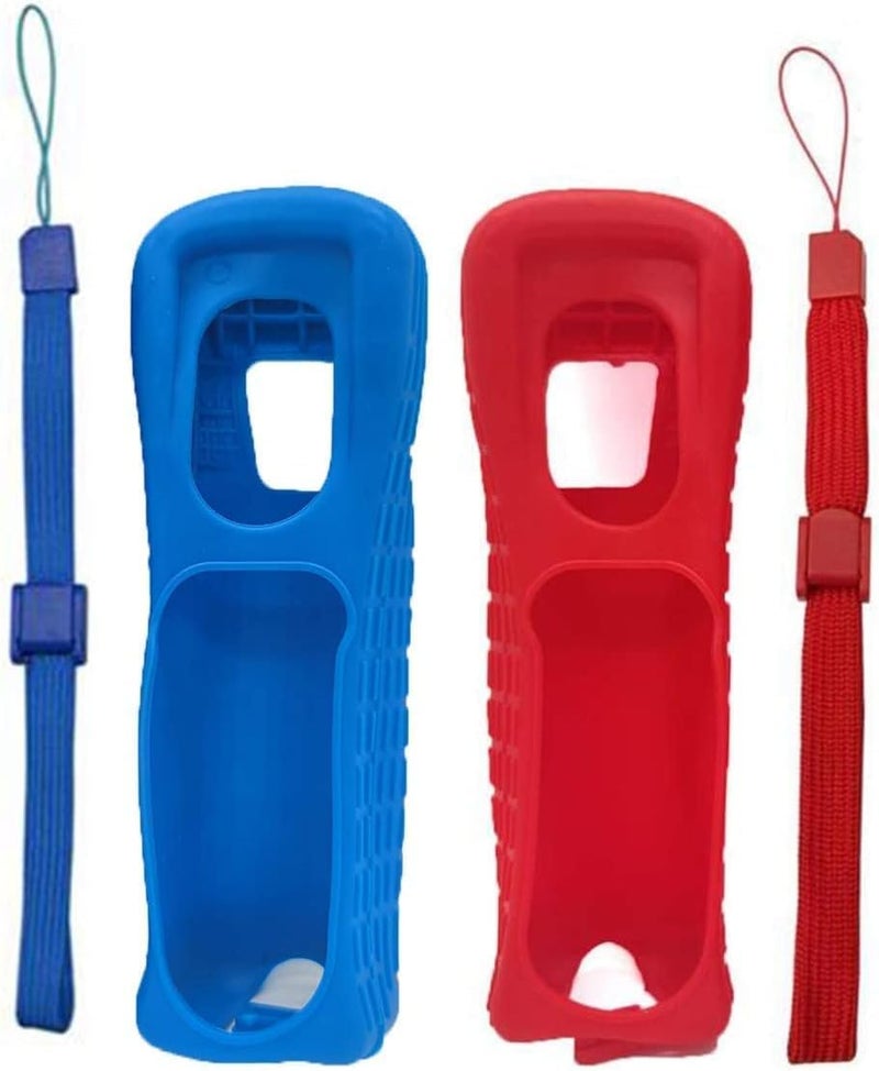 LRWDEFA 2 x Silicone Skin Case Cover with Hand Wrist Strap for Wii Remote Controller (Red + Blue) - Image 1